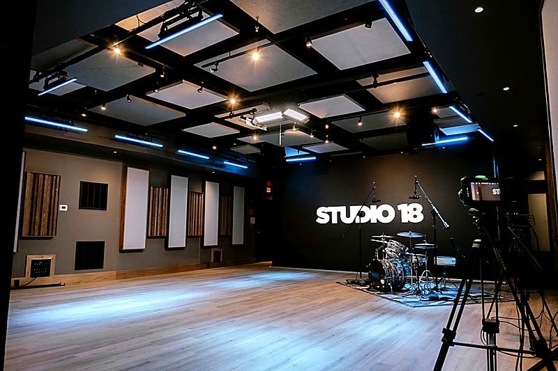 Live room with LED wall and drum kit